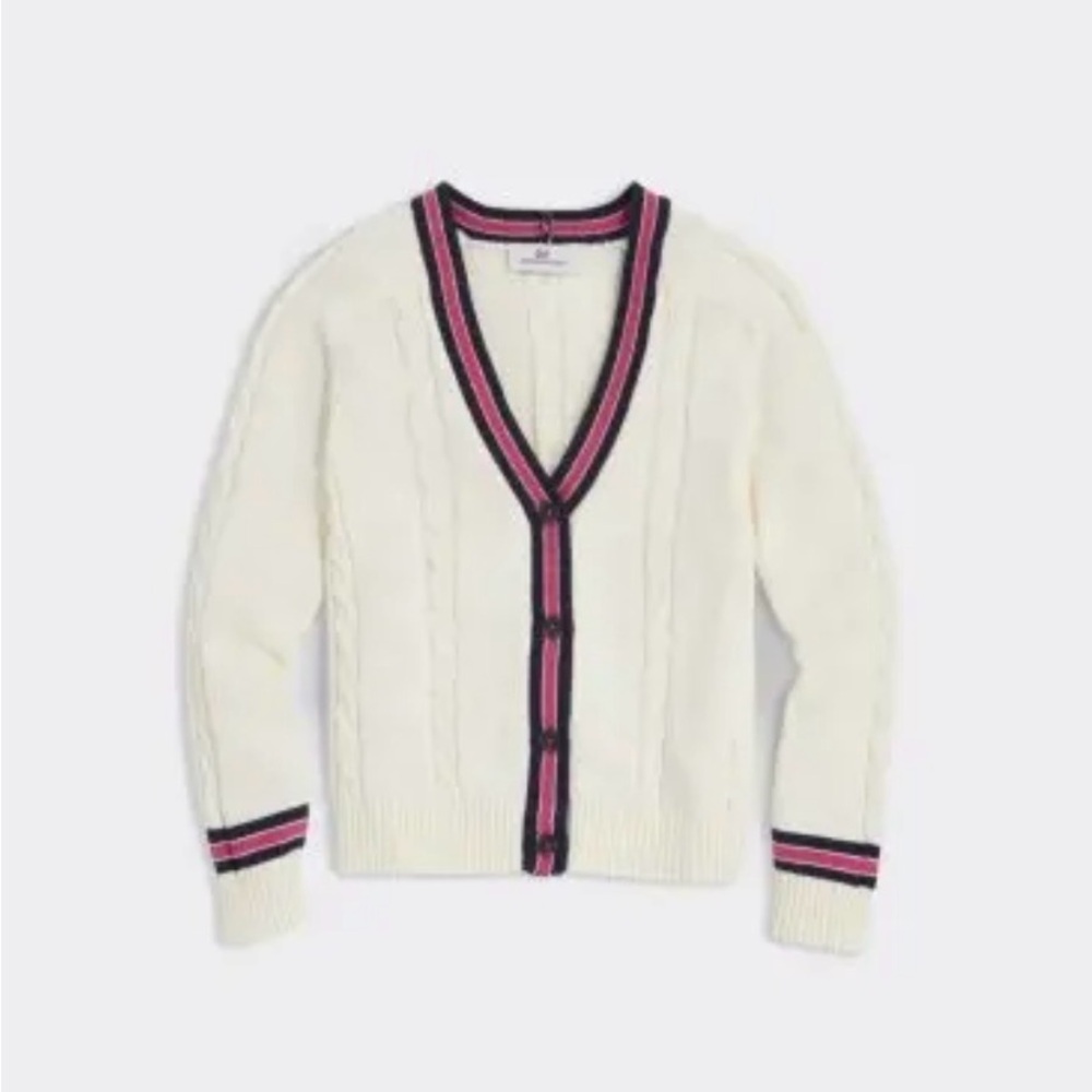 Preppy Cream Cardigan Sweater with Pink & Navy Trim Vineyard Vines